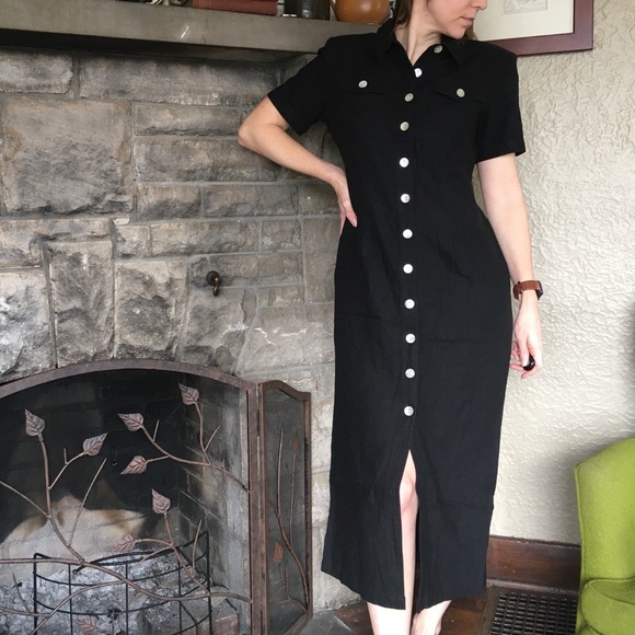 Vintage Button Front Midi Dress Shirt Dress Linen - Picture 2 of 8